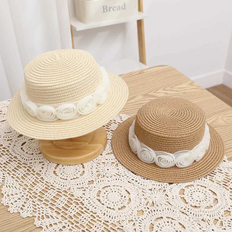 New Fashion Str Hat Parent-child Travel Beach Bucket Hat Rose Flower Lace Beach Sun Cs Women Girls Panama Kids Party HatXJ250304