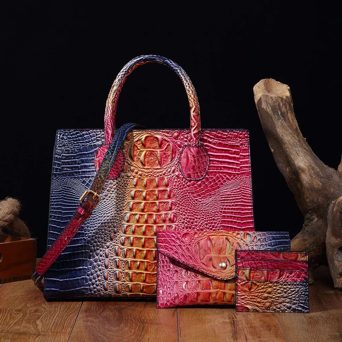 3 Pcs Crocodile Pattern Handbag Purses Set, Multi-Functional Vintage Top Handle Crossbody Business Clutch Bag & Card Coi