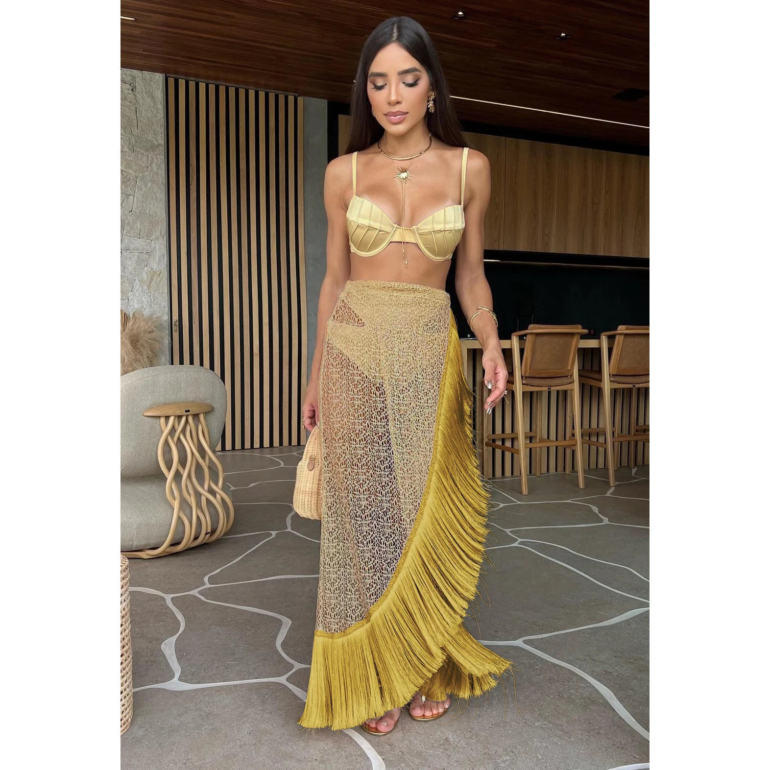 2024 Cover Up Skirt Beach Women Geometry Printed Twopiece Elegant And Pretty Dress Shoulder Strappy Bathing Suit Beachwear 250226Z