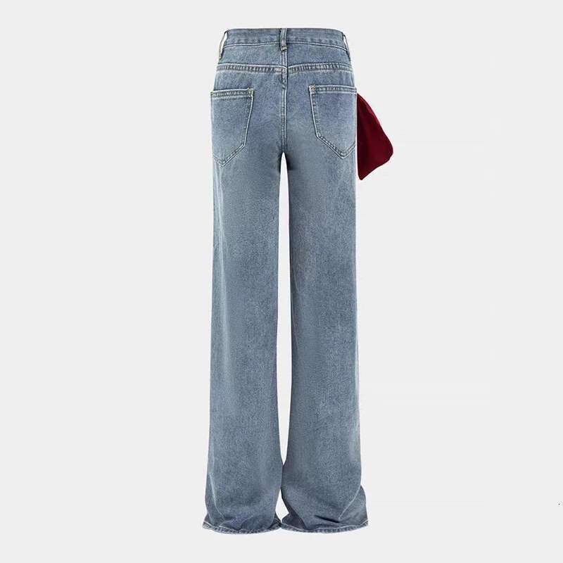 Fashion Contrast Color Bow Jeans Women's High Waist Versatile Slim Straight Casual Denim Pants Tide New