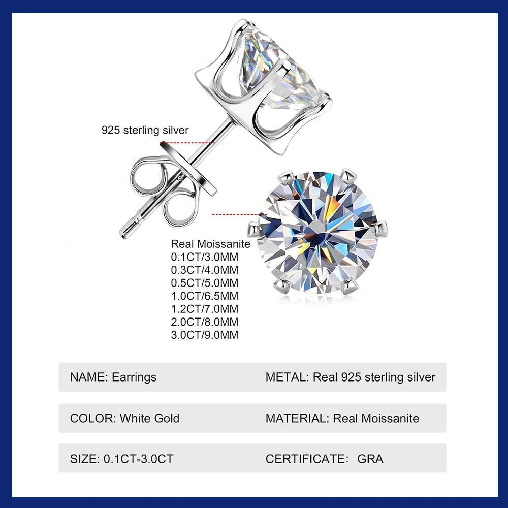 0.1-3 Carat Moissanite Stud Earrings for Women Men D Color Lab Created Dia Earring Sterg Sier Ear Piercing Jewelry