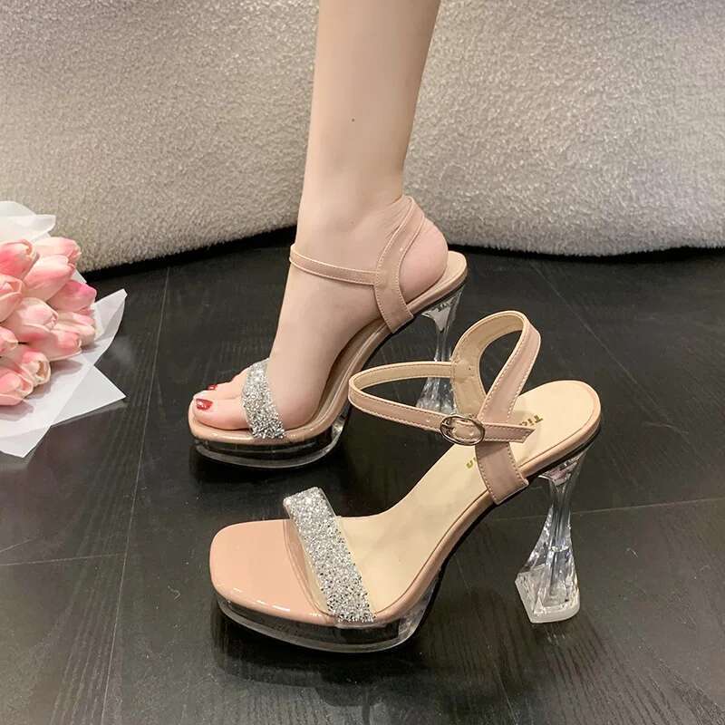 Women Summer New Super High Heels Sandals Shiny Rhie Platform Sandalias Femininas Sexy Transparent Strap Party Dress Shoes
