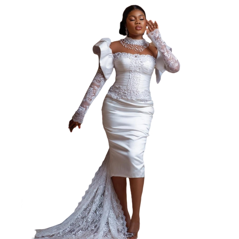 2025 Sheath Tea-Length Wedding Dress With Lace Trains Long Sleeves High Collar Pearls Beaded Civil Bridal Gowns Back Lace-Up