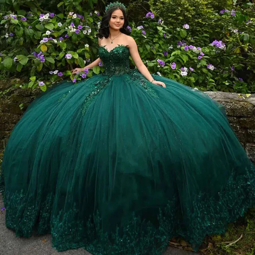Dark Green Sparkg Quinceanera Dresses For Girls Cross Applique Lace Beads Tull Off The Shoulder 15 Vestido De Sweet 16 Birthday Party Gown
