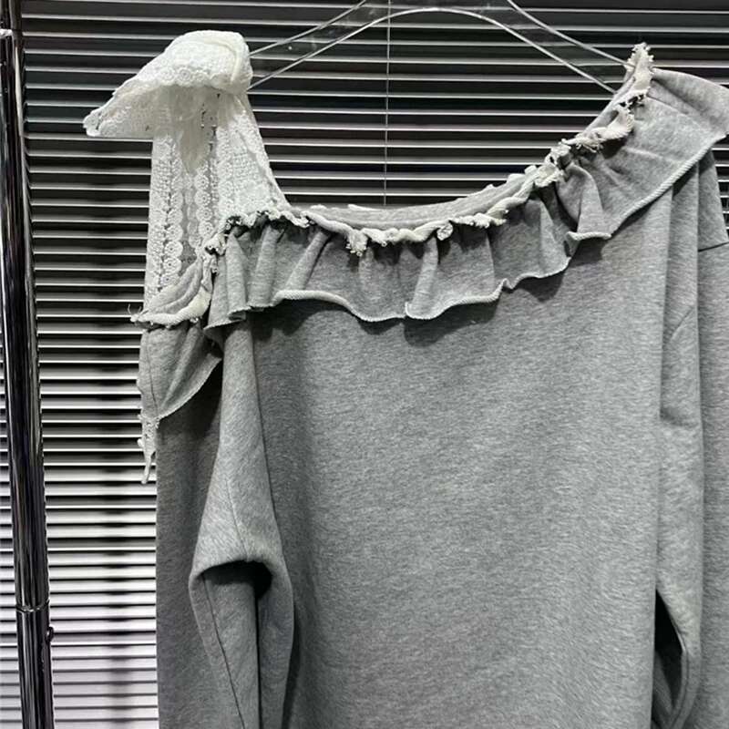 2025 Spring New Fashion Skew Collar Sports Letter Patchwork Lace Top For Women Trendy Long Sleeves T-Shirt Female 111A02459