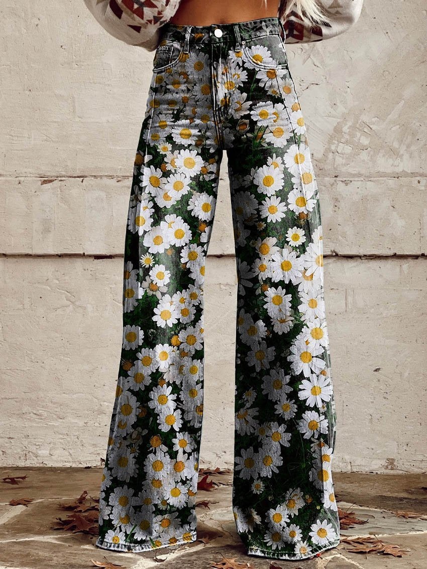 Women's Pants Thin imitation jeans wide leg 3D printing trend