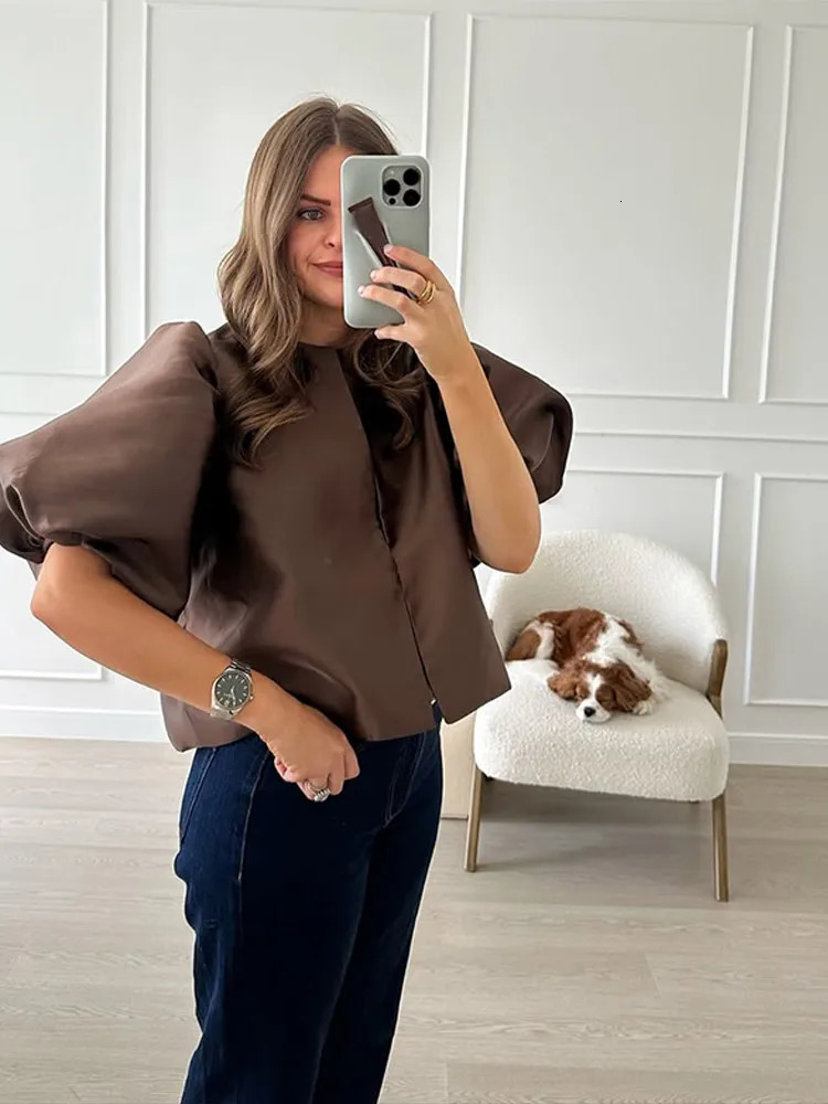 Solid Satin Womens Blouse Top With Pouf Balloon Sleeve Spring Summer Female Sleeves O Neck Loose Short Shirt Female Blouses 250303