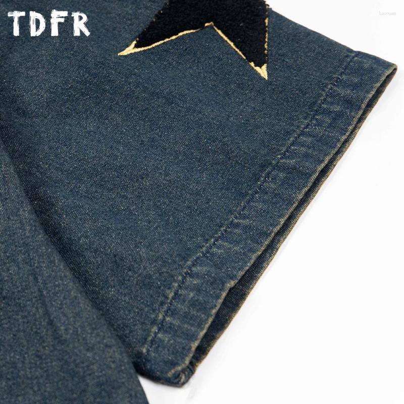 Men's Casual Shirts Letter Embroidery Denim Short Sleeve Mens Retro Streetwear Washed Distressed Spliced Stand Collar Single Breasted