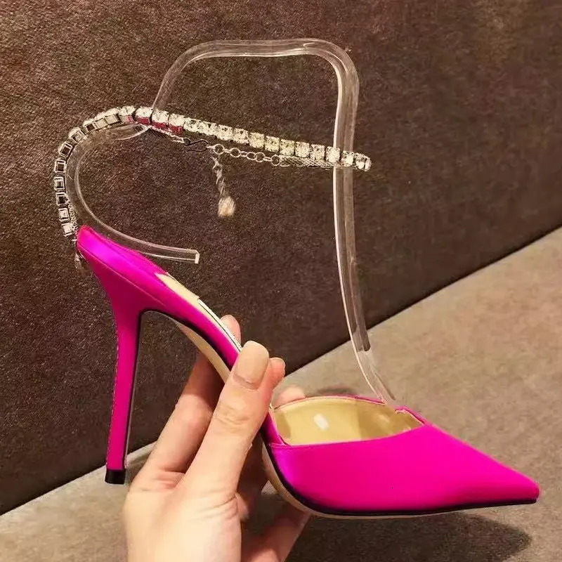 European Girls High Heels Summer Rhine-Diamond Chain Pointy Pink Sexy Skinny Toe Satin Pumps 250303