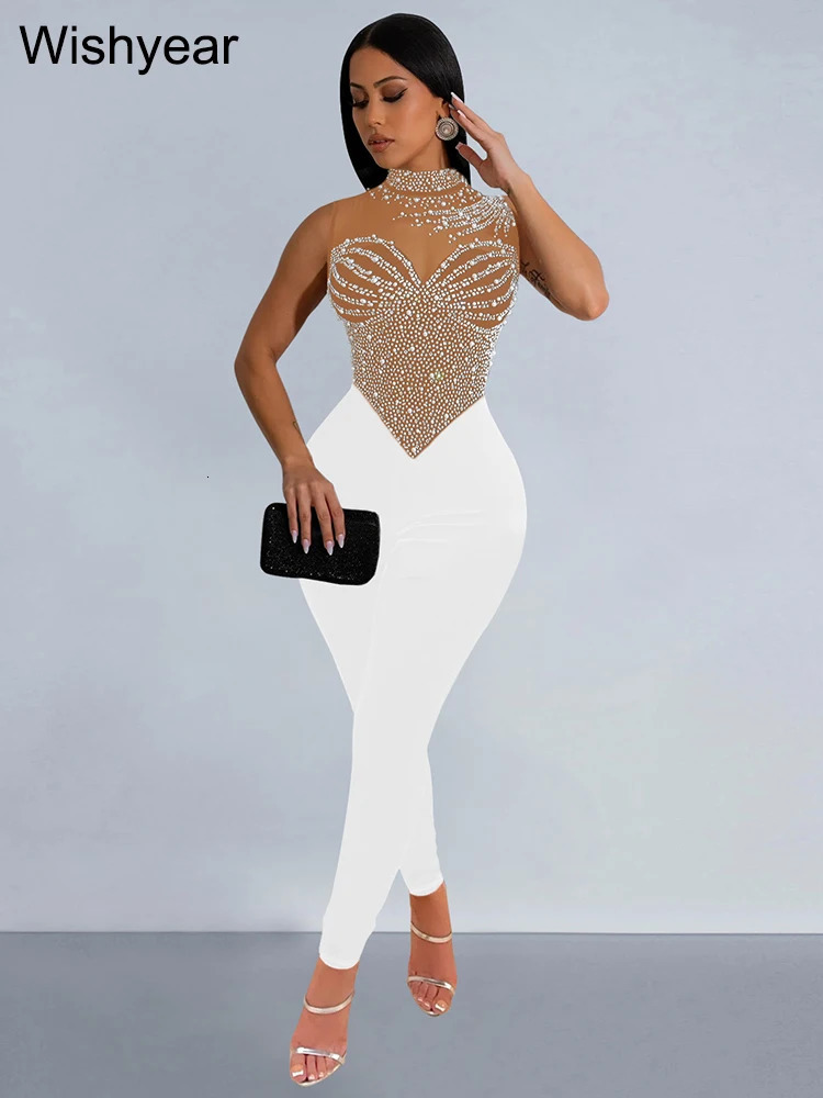 year Sparkle Pearls Rhinestones Patchwork Long Pants Jumpsuits Womens Sleeveless Night Out Rompers Birthday Evening Outfits 250303