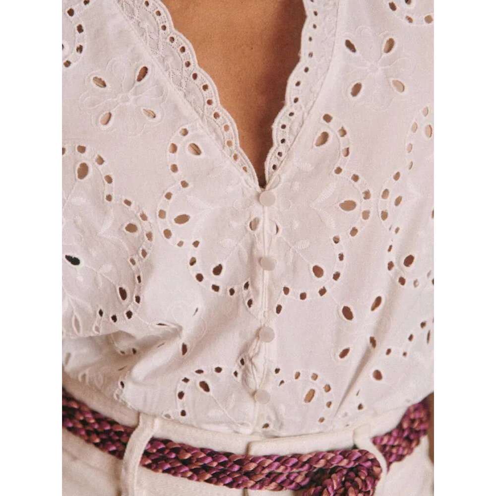 Women Wavy Edge White Cotton Shirt 2025 Early Autumn Female Short Sleeve Blouses Embroidery Hollow Out Top
