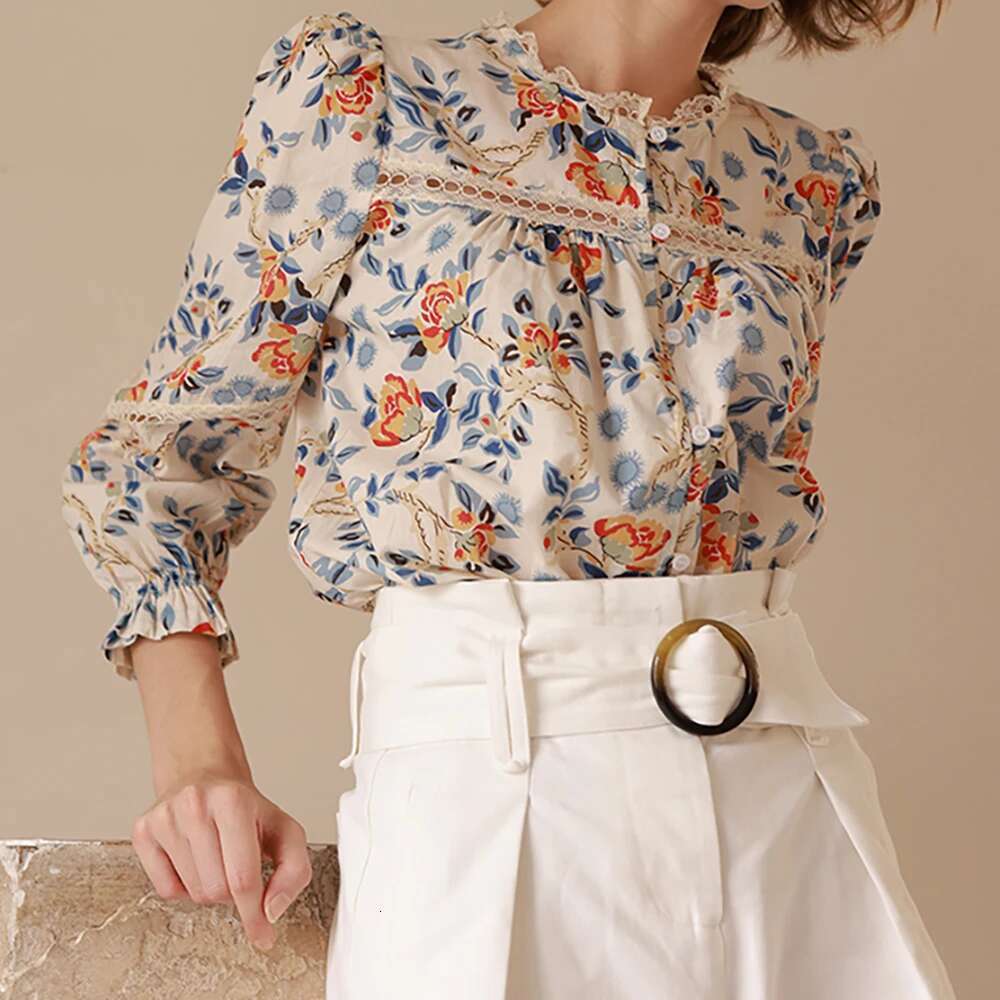 Wer Graphic Print Women Shirt O-Neck Long Sleeve Button Loose Cardigan Vintage Classic Casual Lady Top