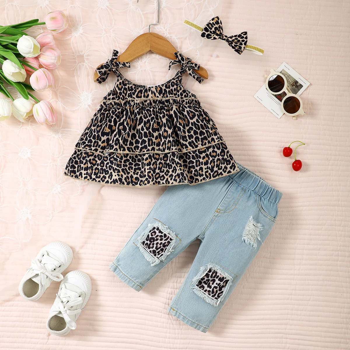 3Pcs Toddler Girl Set Leopard Bow TopBlue jeansHeadband 0-3 year old girl summer fashion European and American style clothing 250304