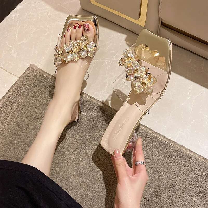 Women's Transparent Thick High Heels Rhie Slippers Women Summer New Crystal Sandals Internet Celebrity Explosion