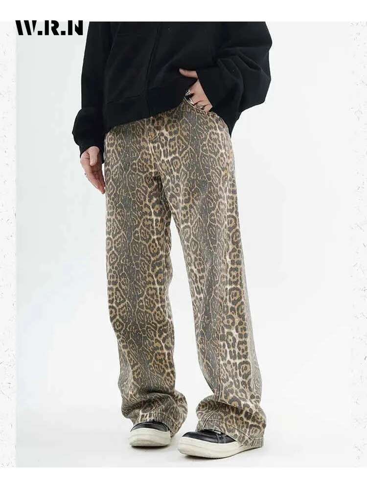 Women's American Vintage Leopard Print Washed Thin Jeans Street Casual Neutral Style Denimtrousers High Waist Straight Pants