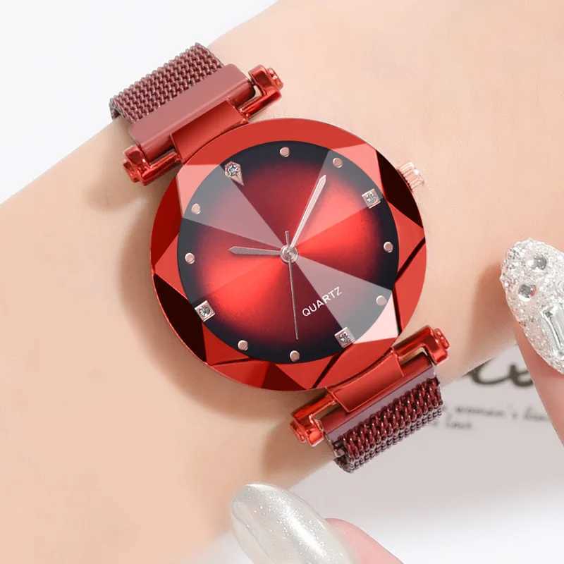 New Fashion Womens Mesh Magnet Buckle Starry Sky Leisure Luxury Womens Geometric Surface Quartz es Relogio FemininoXJ250304