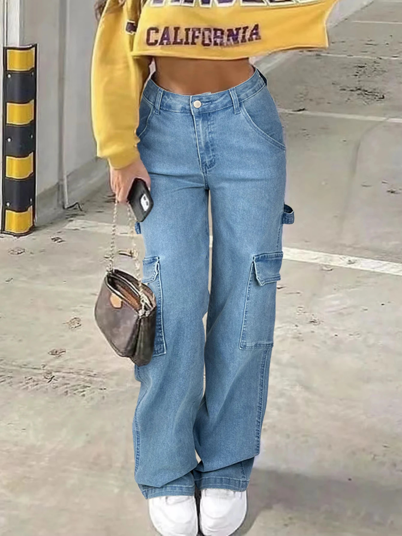 Womens pure washed blue denim top retro style fashionable pocket street jeans comfortable womens on the 250227