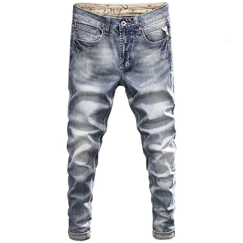 Newly Designer Fashion Retro Gray Blue Elastic Slim Fit Ripped Jeans Men Casual Trousers Vintage Denim Pants Hombre