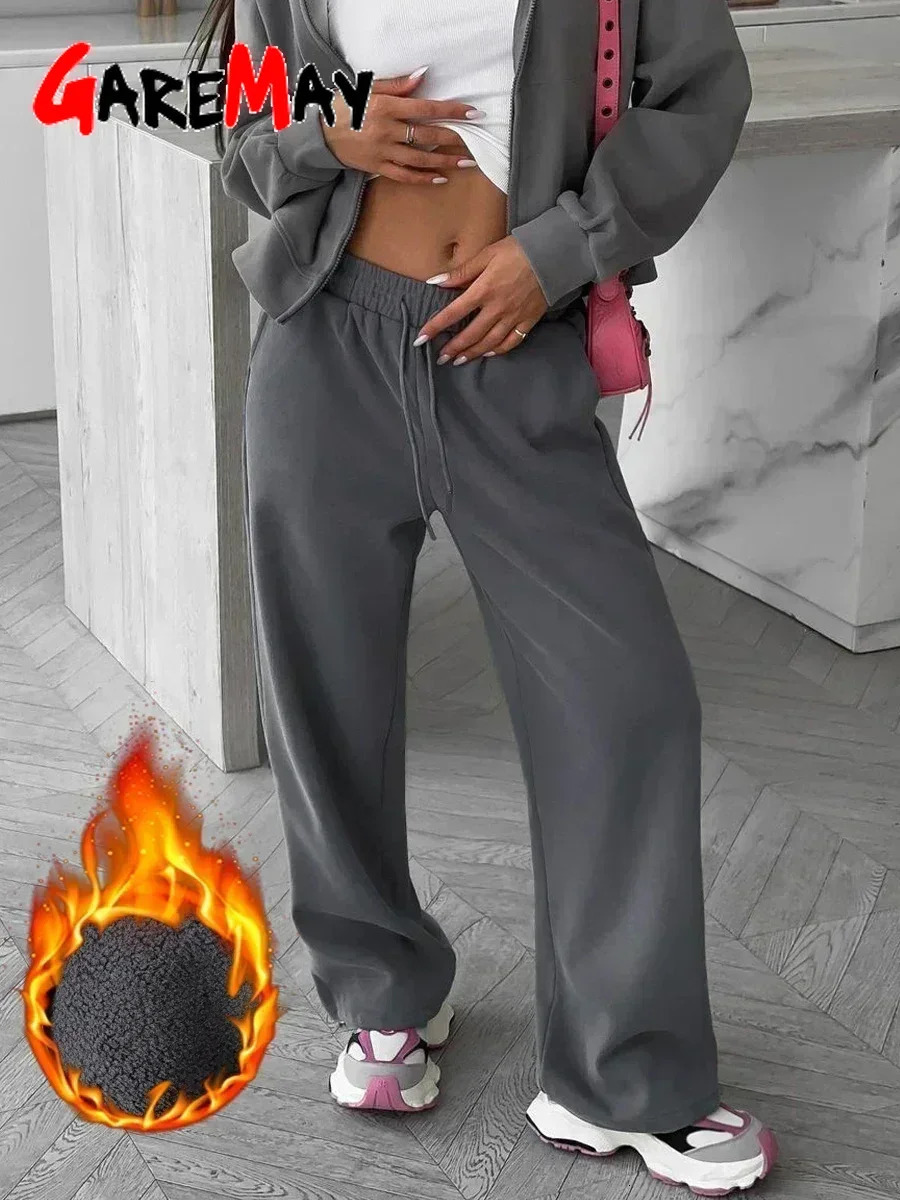 Womens Winter Pants Velvet Wide Leg High Waist Beige Thick Vintage Oversize Loose Pants Gray Casual Warm Fleece Pants for Women 250303