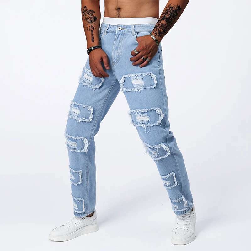American High Street Broken Hole Jeans Slim Small Leg Summer Thin Section Light Blue Casual Elastic Pants Men