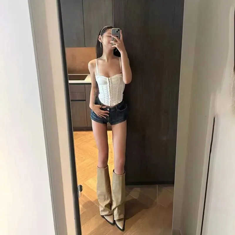 Explosion khaki cloth wide wens knee high boots Dwarf heel long wens shoes pointed wens winter boots Z250304