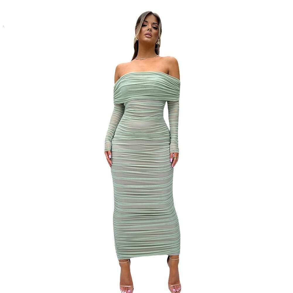 New mesh one shoulder pleated for women, slim fit sleeved dress with wrapped buttocks and long skirt