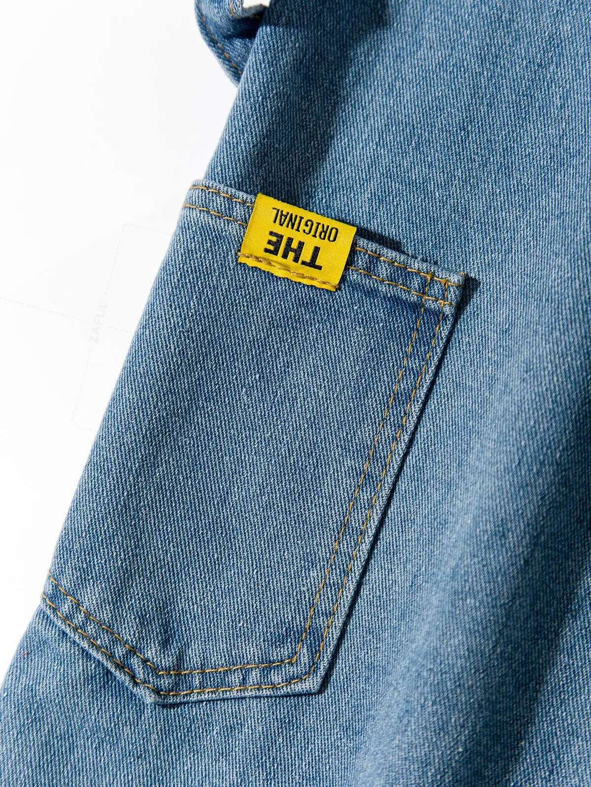 ZAFUL Letter Applique Medium Wash Straight Leg Carpenter Jeans