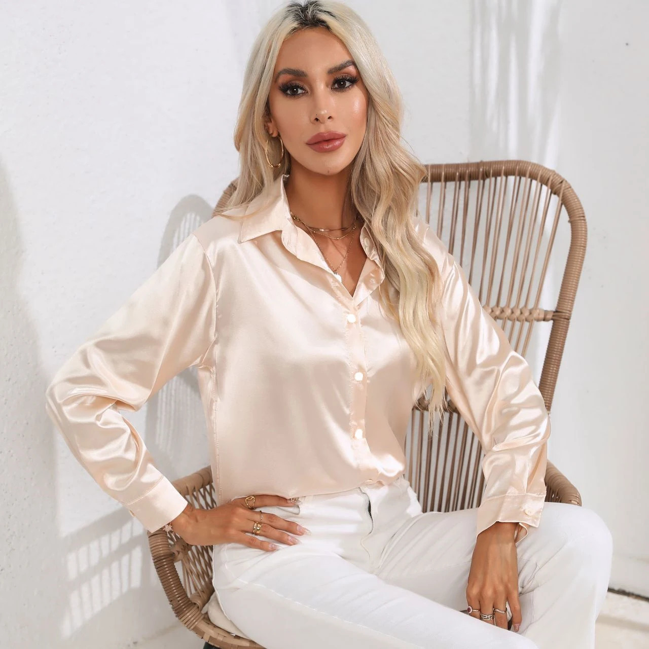 Autumn Casual Womens Blouses Elegant Satin Multicolor Basic Slim Shirt Solid Vintage Trend Ball Dance Party Shirt All-Match Top 250303