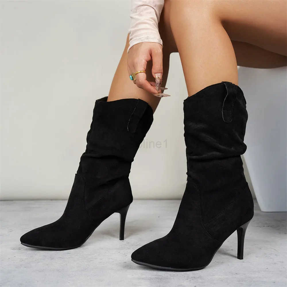 Brand New Big Size 42 Elegant Modern Lady Mid-calf Boots Wen Shoes Sexy Stiletto High H Slip on Pleated Boots for Party Z250304