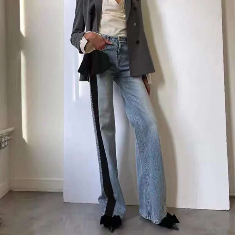 Fashion Contrast Color Bow Jeans Women's High Waist Versatile Slim Straight Casual Denim Pants Tide New