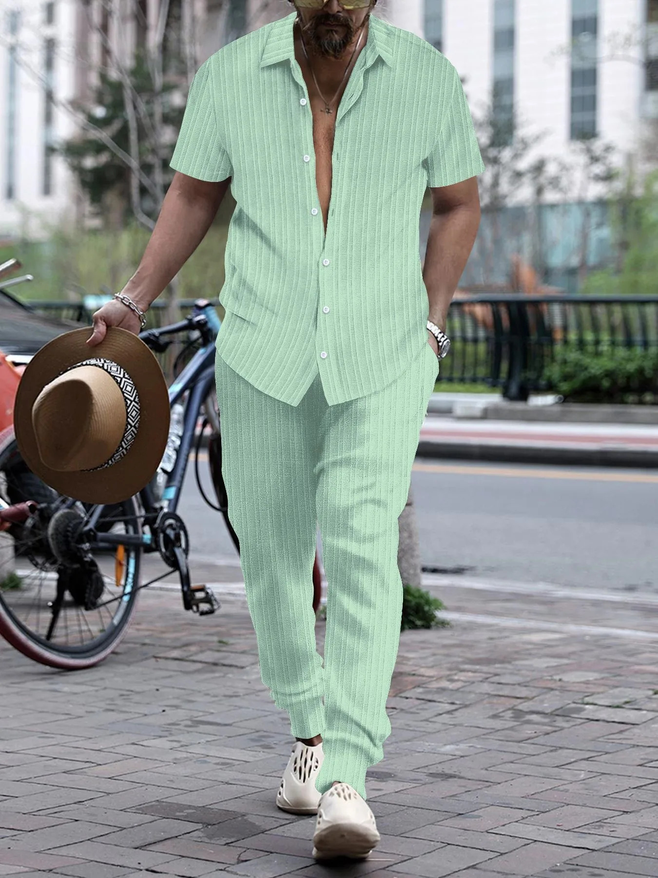 Summer Thin Mens Casual Lapel Solid Color Micro Stretch Shirt Loose Striped Short Sleeve Pants Beach Suit 250303