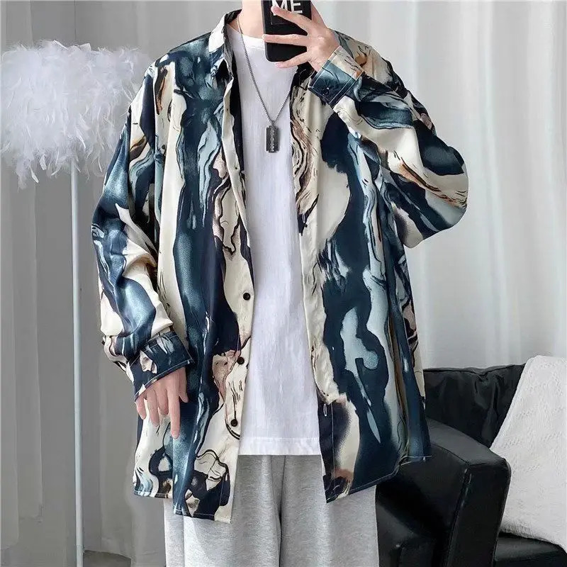 Harajuku Style Dark Retro Printed Unisex Shirt Loose and Slimming Long Sleeved Shirt for Mens Fashion 250227