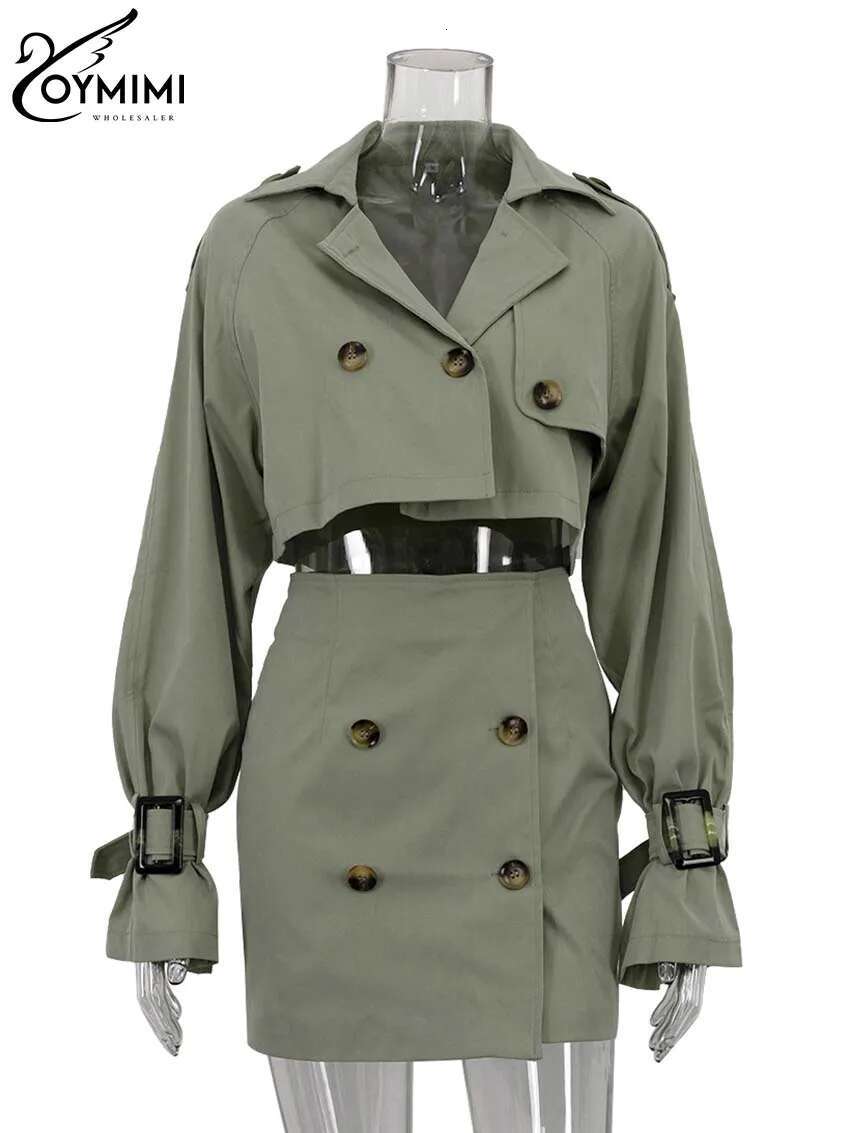 Elegant Green 2 Peice Woman Fashion Lapel Long Sleeve Double Breasted Crop Tops And High Waist Button Slim Skirts Set