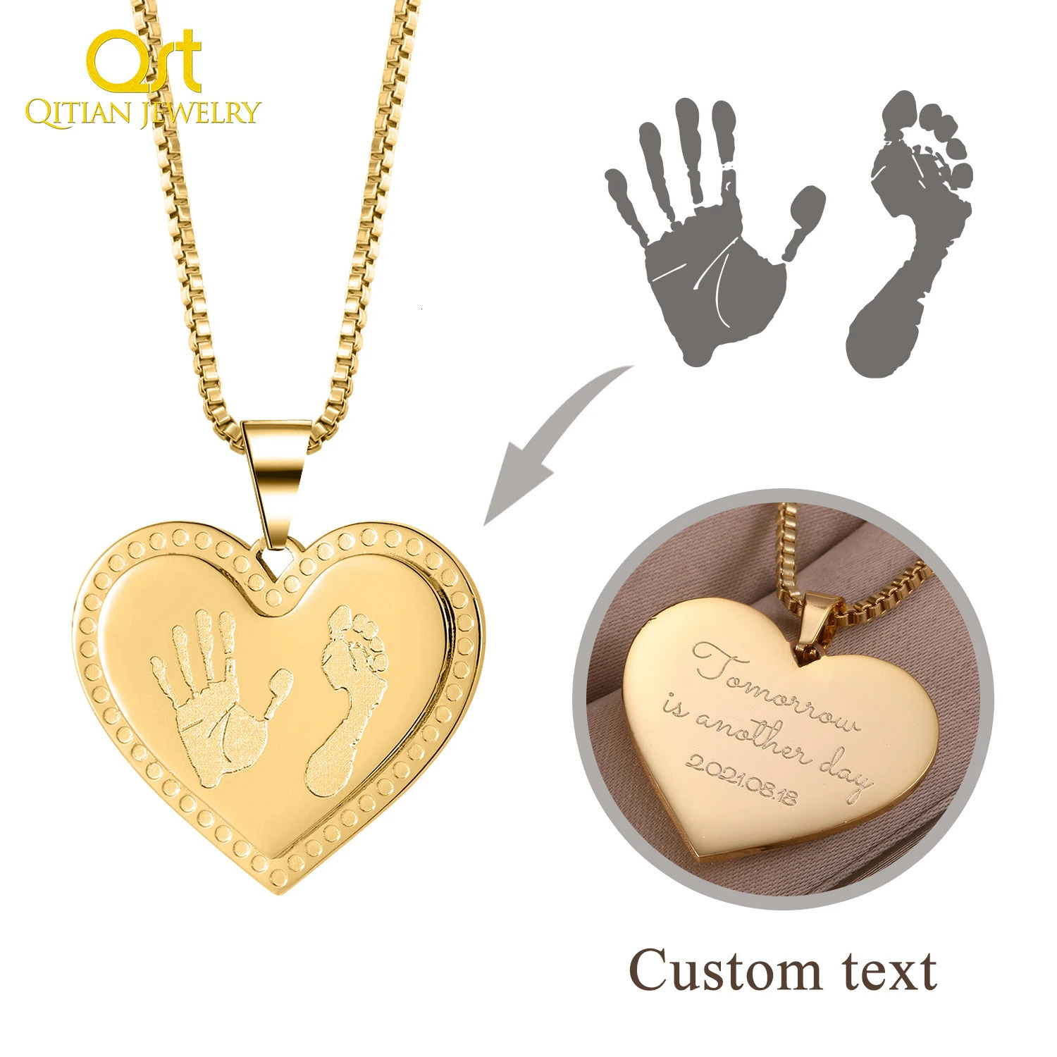 Actual Baby FootPrint Mom Necklace personalized Engraved born Handprint Name Chain Stainless Steel Heart Jewelry Gift For Her 250304