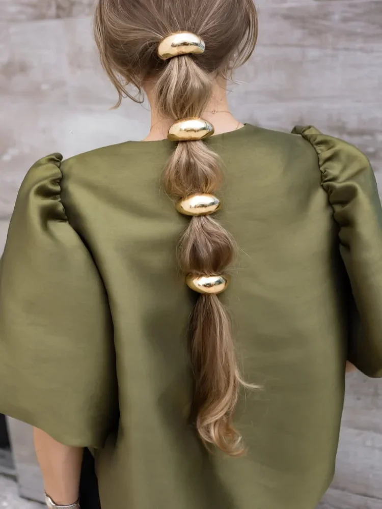 Solid Satin Womens Blouse Top With Pouf Balloon Sleeve Spring Summer Female Sleeves O Neck Loose Short Shirt Female Blouses 250303