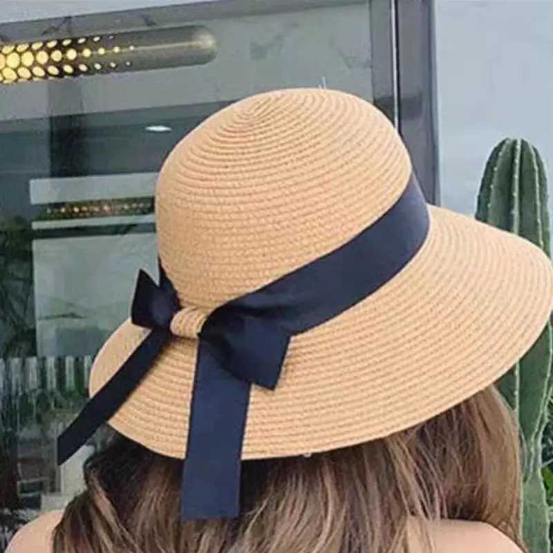 Summer Str Hat Ribbon Bowknot Travel Beach Sun Hat Women Foldable Cs Panama Beach CXJ250304