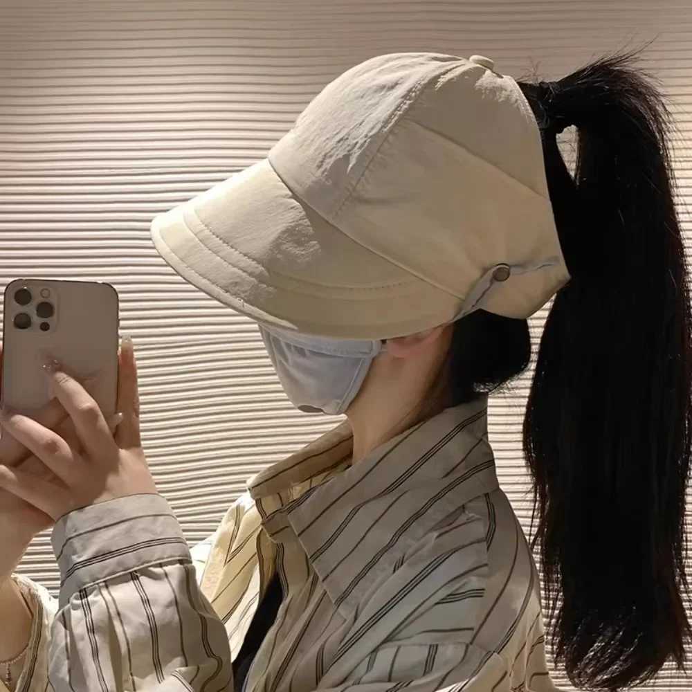 Summer Wide Brim Sunhat Women Foldable Adjustable Outdoor Beach Bucket Hat UV Protection Visors Fisherman Ponytail CsXJ250304