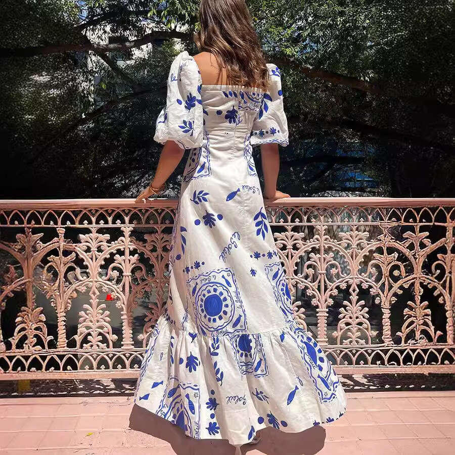 European and American One Word Neck Printed Lantern Sleeve Slim fit Large Swing Cotton Hemp Dress 2025 New Leisure Fashion Trendy Clothing