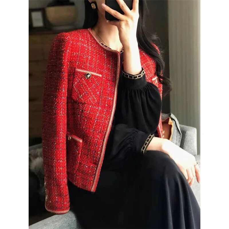 Vintage Red Tweed Wool Coat Womens 2024 AutumnWinter French Loose and Versatile Temperament Woolen Jacket Female 250225