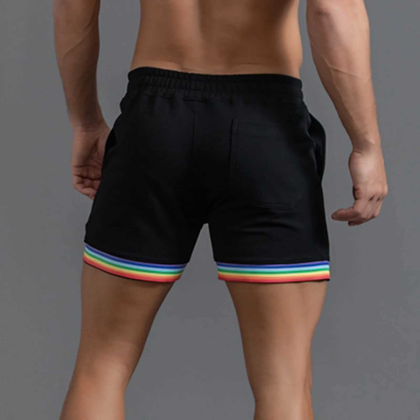 Polyester Shorts Men Summer Solid Color Rainbow Pants Pocket Drawstring Loose Casual Sports Running Glitter Foam StarT250304