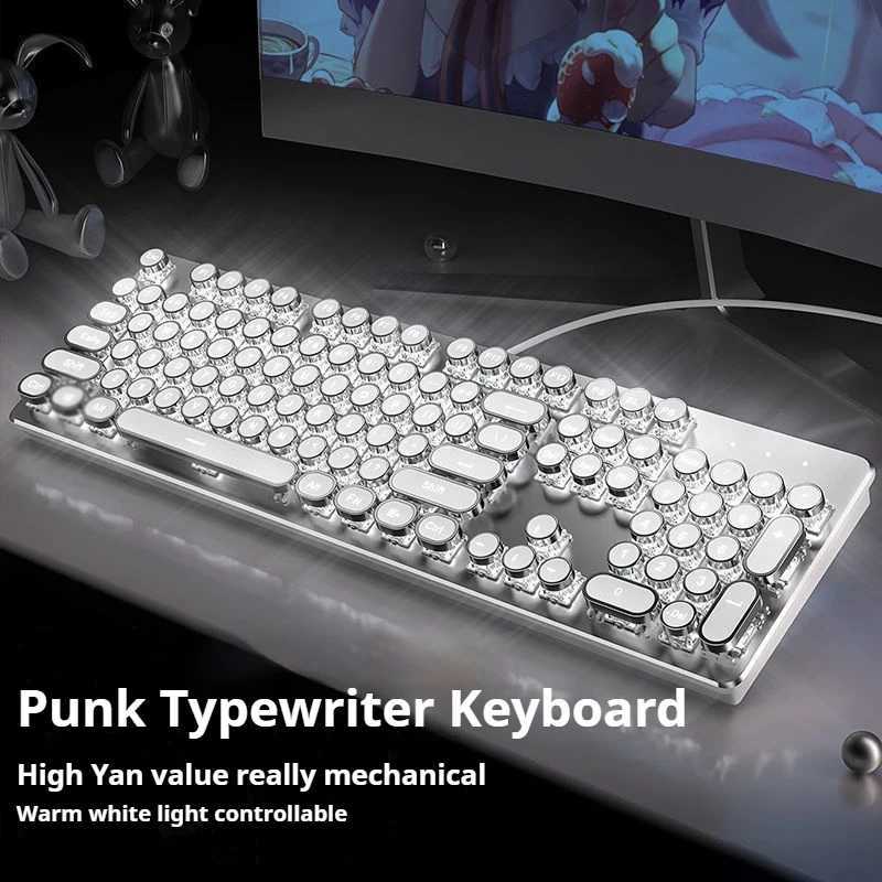 EWEADN TK100 Punk Typewriter Mechanical Gaming Keyboard 104Keys with LED Backlit USB Wired Keyboards for Windows Laptop PC Z250304
