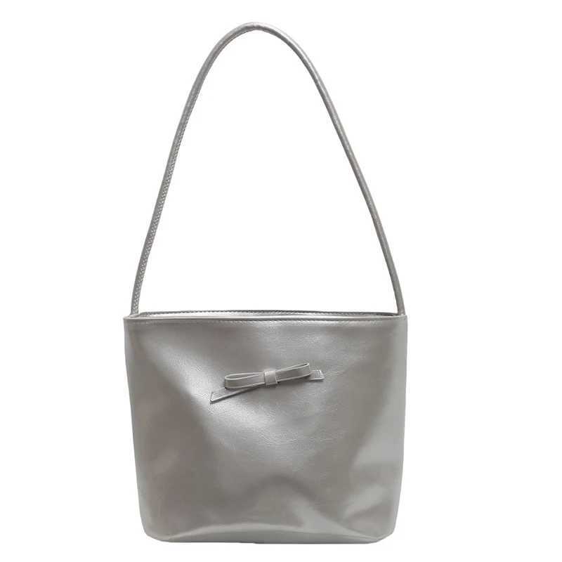 Trend Bow Red Bucket Bags for Women 2024 New Simple Commuting Handbag Korean Pu Leather Casual Versatile Womens Shoulder Bag Z250303