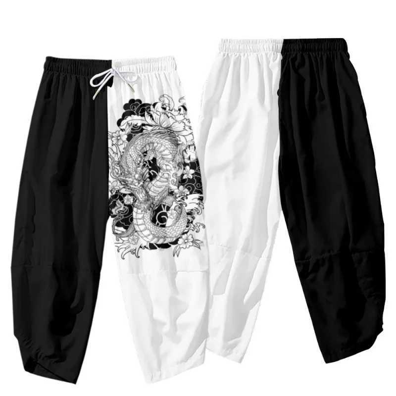 Cartoon Chinese Dragon Printed Black Men Japanese Harem Trousers Casual Elastic Waist Kimono Cropped Pants StreetwearXJ250303