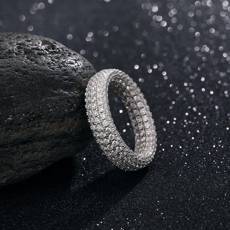 Hip Hop Real 925 Sterling Stamp Ring Full Cubic Zircon Gold Charm Jewelry Punk Male Women Finger Rings Size 7-10 Unisex 250227