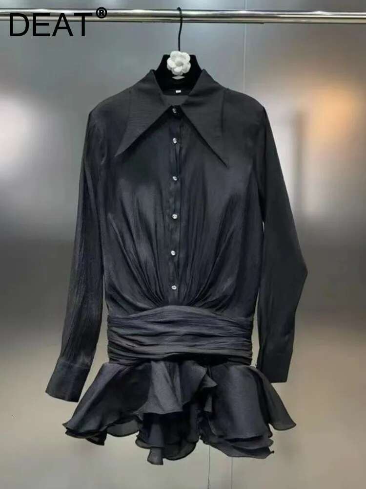 DEAT 2024 Spring Fashion New Shirt Dresses For Women Single Breasted Waist Lapel Long Sleeved Dress Female Trendy 11Xx8835