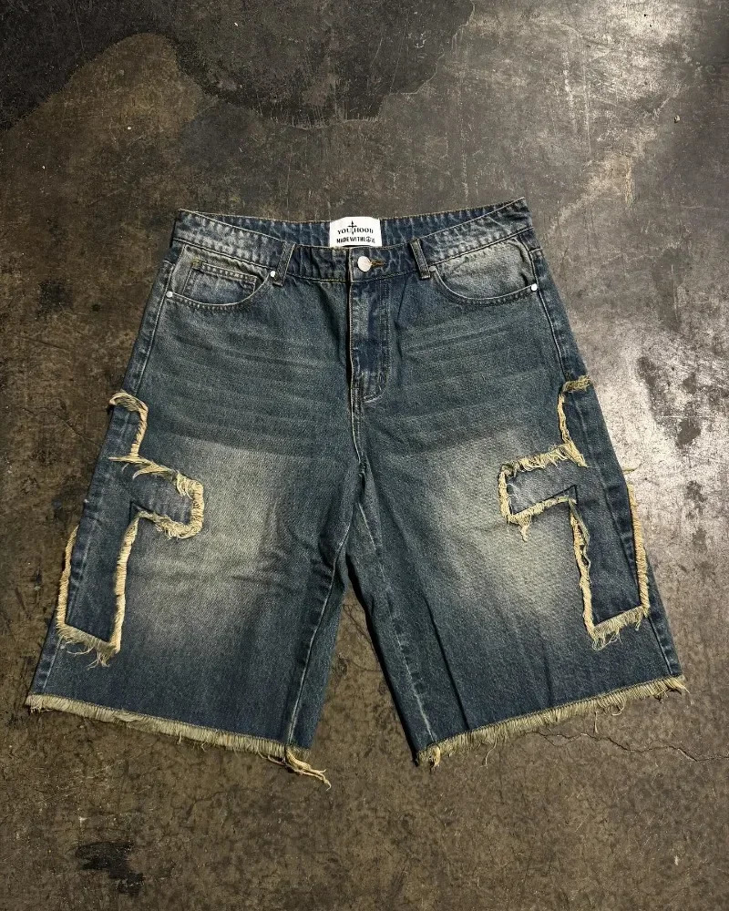 Street washed geometric cross embroidery raw edge high quality baggy denim shorts for womens y2k summer simple sports pants 250303