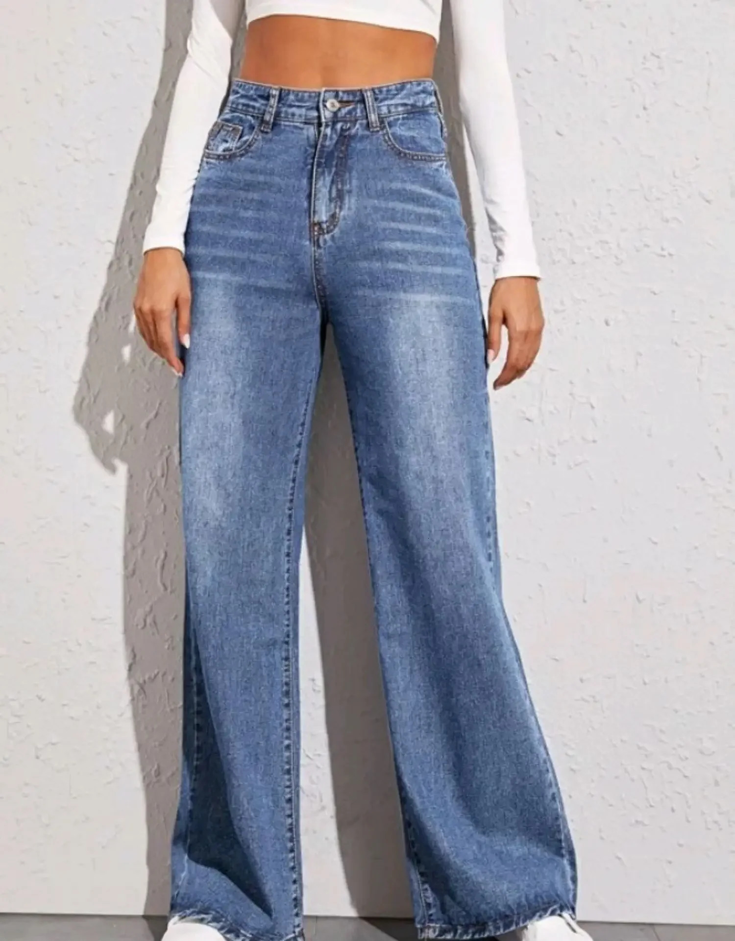 Blue Jeans for Women Wide Leg Pants Straight Long Denim Trousers High Waist Y2k Loose Elegant Trouser Autumn Spring 2024 250227