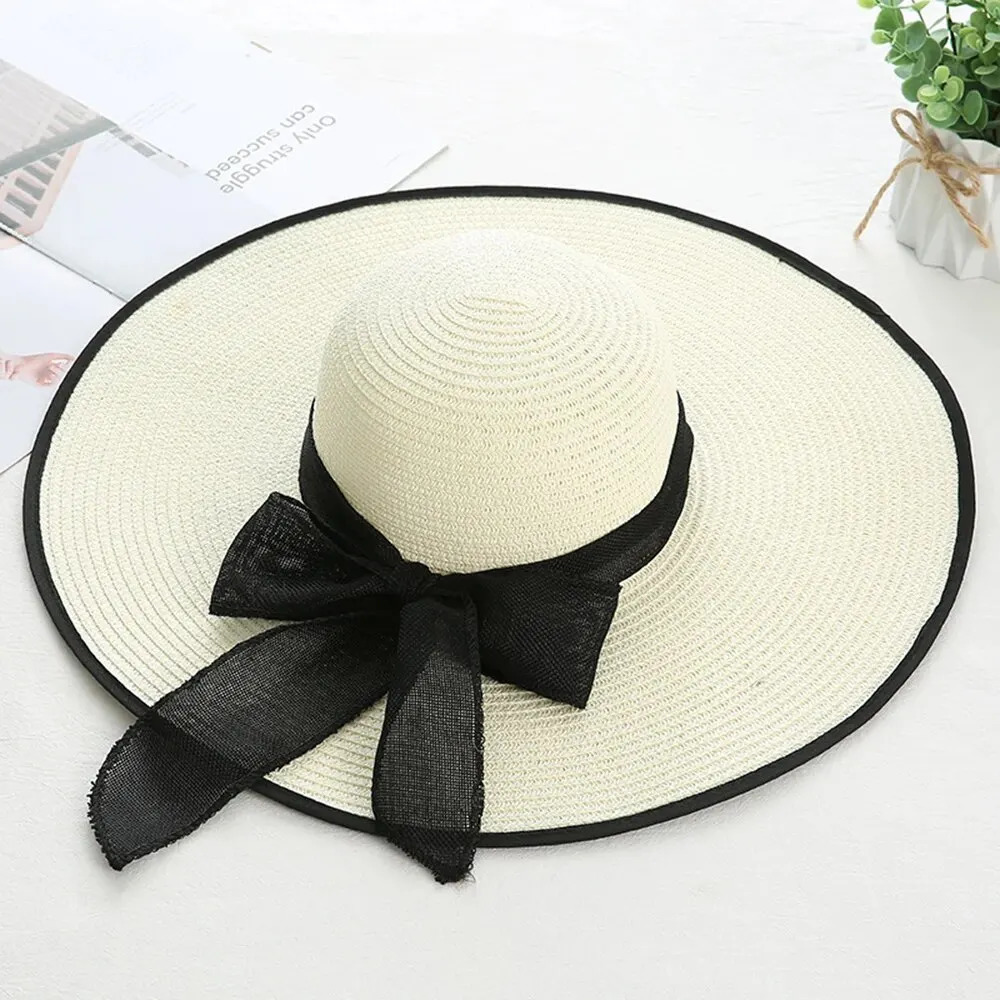 1pc Womens Oversize Brim Straw Hat Womens Summer Sun Block Big Brim Hat Seaside Bow Beach Hat Suitable For Sun Protection 250227