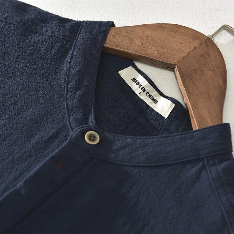 Men's Casual Shirts Cotton And Linen Shirt High-end Loose Short Sleeves Half-open Button Henry Collar Breathable Inch Trendy