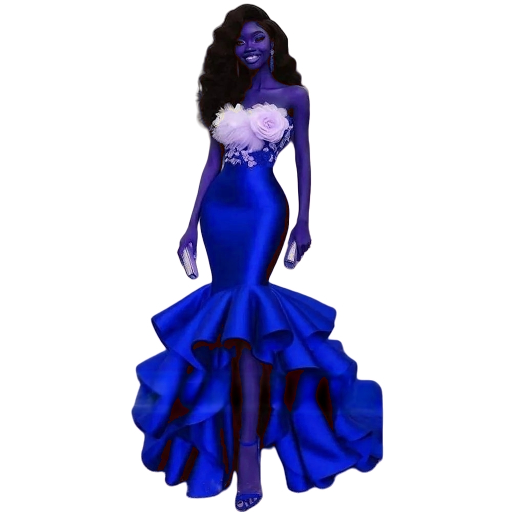 Chic High Low Red Mermaid Prom Dresses With Hand Made Flowers Appliques Strapless Corset Evening Gowns African Black Girls Pageant party Dress